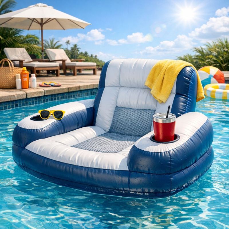 Inflatable pool chair floating in a sunny backyard pool with sunglasses, drink, and towel nearby.