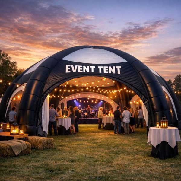 Inflatable event tent with string lights and people socializing outdoors at sunset.