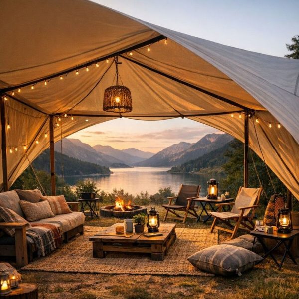 Open air tent with cozy seating, warm lights, overlooking a scenic lake and mountains at sunset.