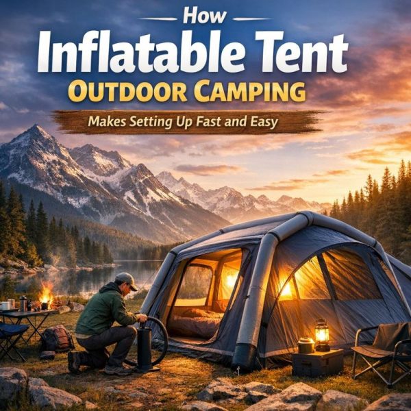Inflatable tent being quickly set up outdoors in a scenic mountain camping area, showing ease and speed.
