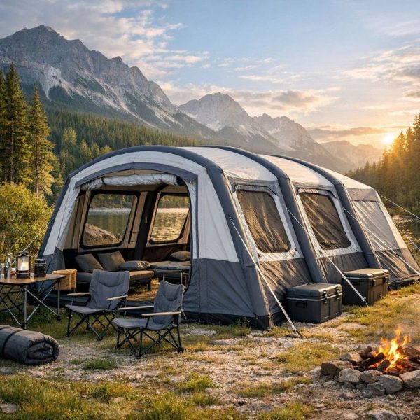Large inflatable tent set up lakeside at sunset with mountains in the background, spacious for family camping.