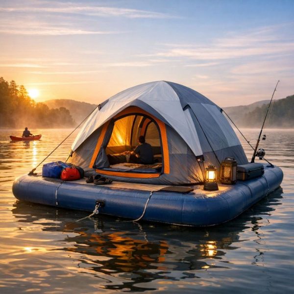 Inflatable floating tent on a lake at sunset with people fishing and kayaking nearby.